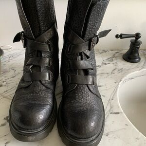 Peddled Black Leather Combat Boots